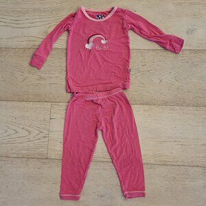 KICKEE PANTS girl 2 piec hot pink Baby rainbow embroidered pajama set 12 to 18 m